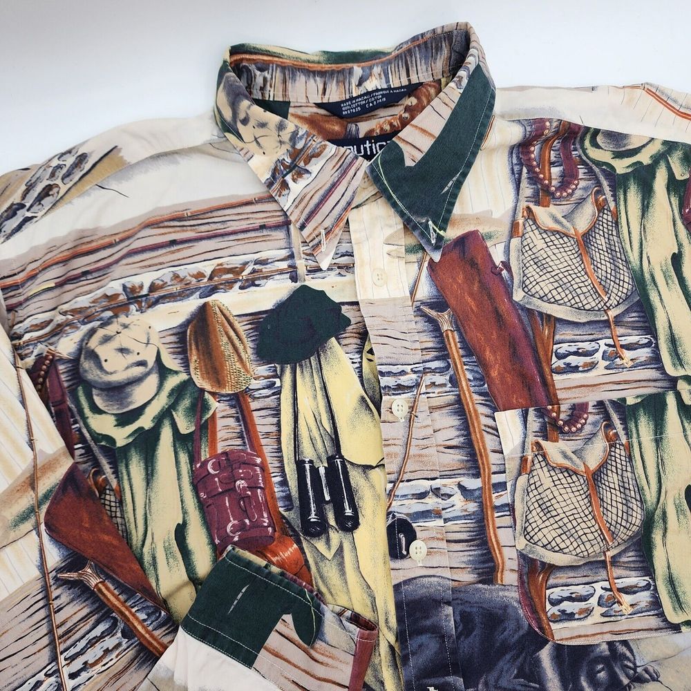 Nautica Button Down Shirt Men's XL/TG All Over Print Hunting Fishing Theme & Dog